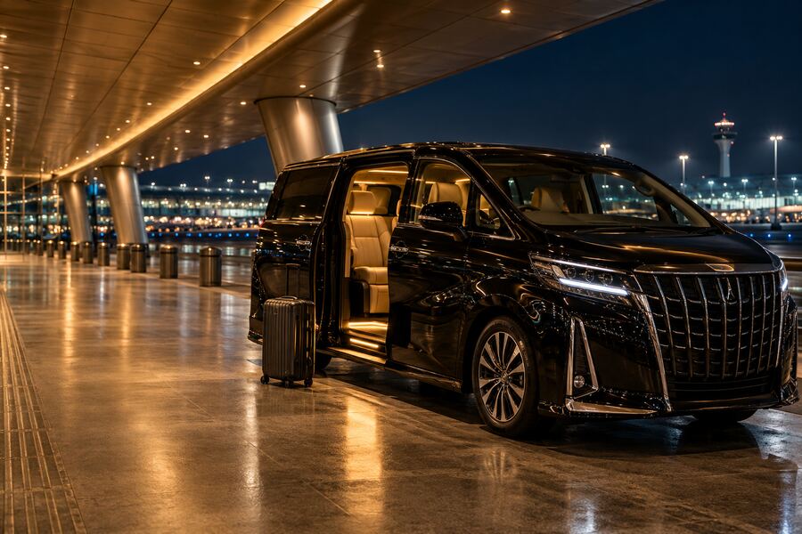 A black MPV waiting at an airport arrival kerb at night