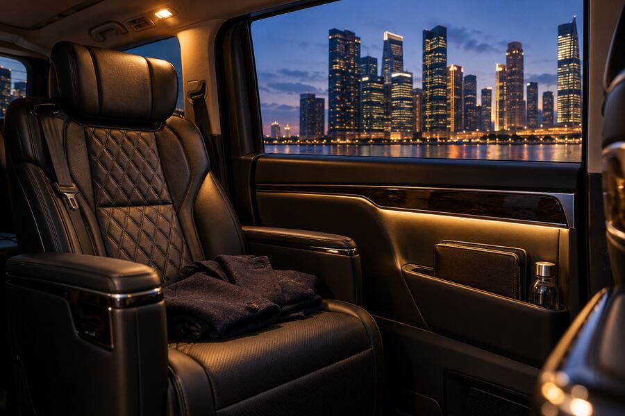 Leather captain seat inside a luxury MPV at dusk