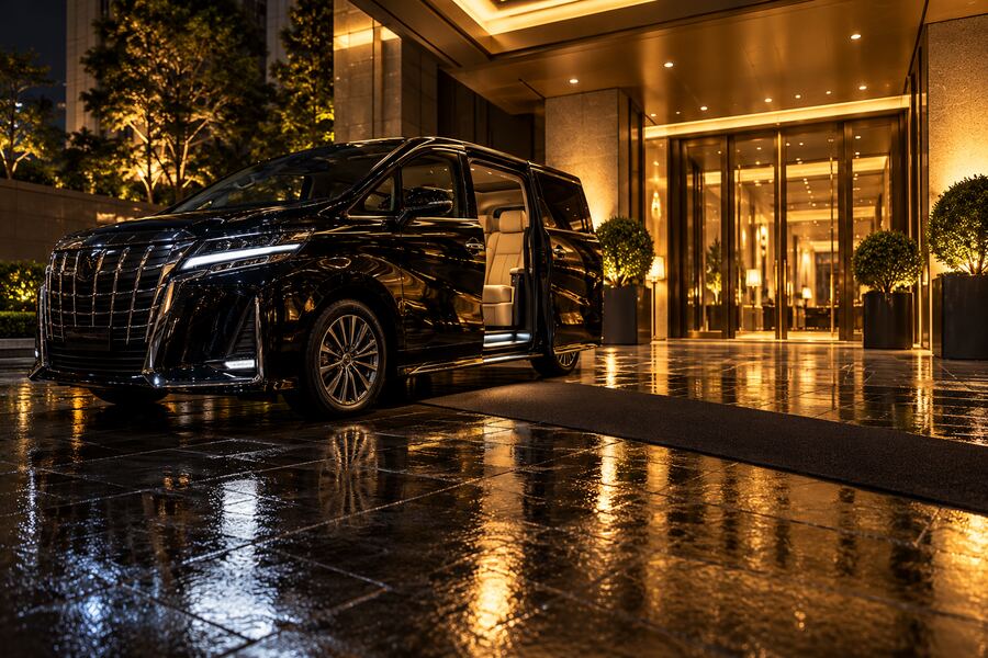 A black MPV at a hotel entrance at night