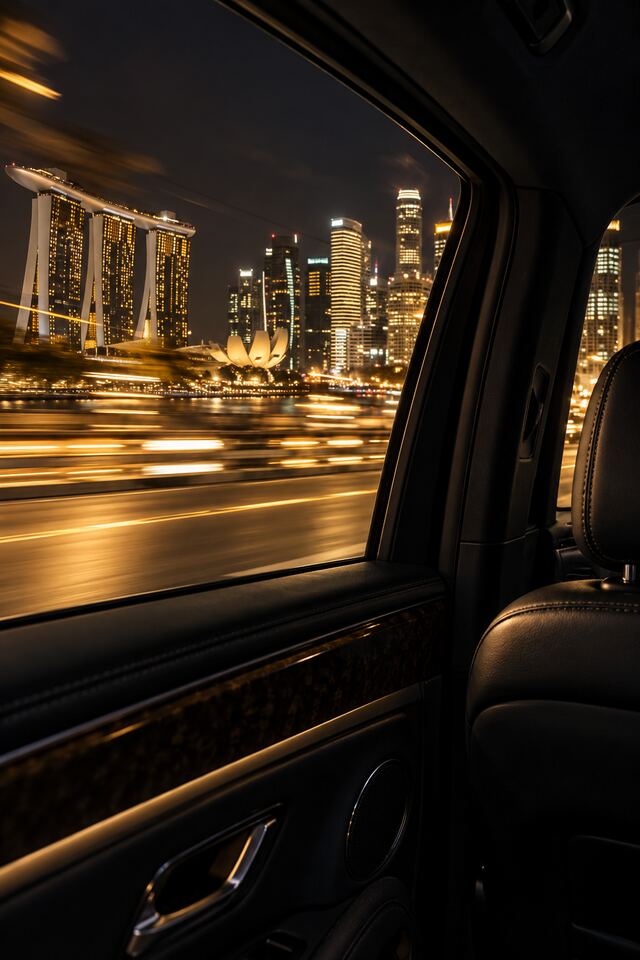 Singapore city lights seen from the back seat at night