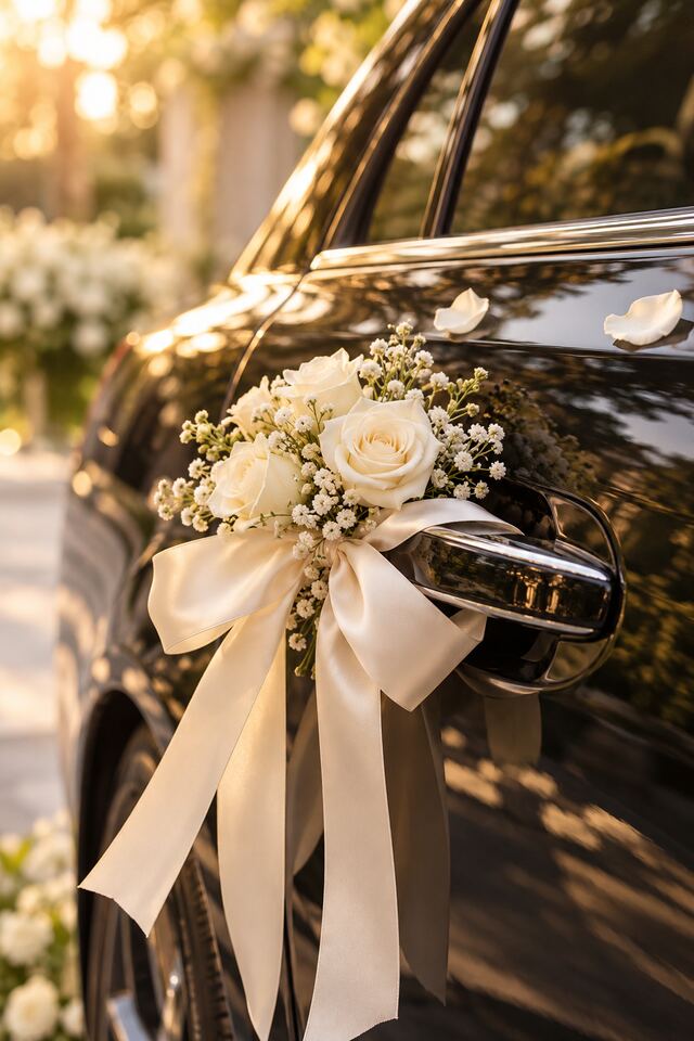 Ivory ribbon and white roses tied on a black car door